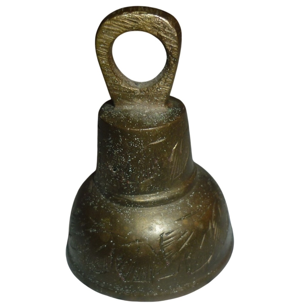 Vintage Etched Brass Floral Hand Bell Decorative Ornament 2in Skirted USA Vtg